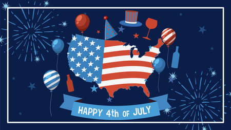 Vector illustration of USA map with stars and stripes, surrounded by festive balloons and fireworks on a dark blue backgroundのイラスト素材
