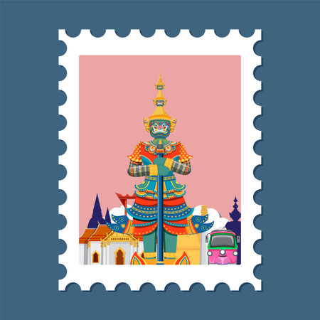 Vector illustration of a vibrant Thai statue with traditional architecture, showcasing intricate details and vivid colorsのイラスト素材