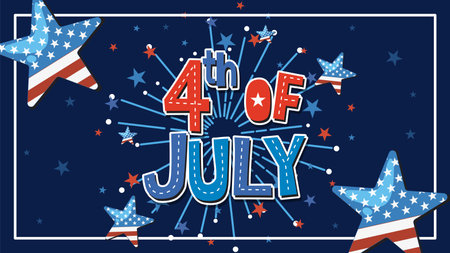Vector illustration with stars and fireworks in red, white, and blue. Bold typography highlights the Fourth of July themeのイラスト素材