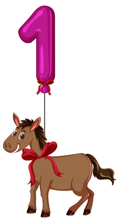 Vector illustration of a cheerful horse tied to a pink number one balloon. Bright colors and whimsical designのイラスト素材