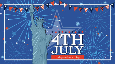 Vector illustration of the Statue of Liberty with fireworks and patriotic colors celebrating Independence Dayのイラスト素材