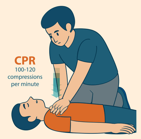 Vector illustration showing CPR procedure with clear compression rate instructions. Simple color palette and clean design enhance understandingのイラスト素材