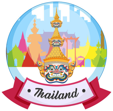 Vibrant vector illustration of Thai architecture with traditional mask, featuring bold colors and intricate design elementsのイラスト素材