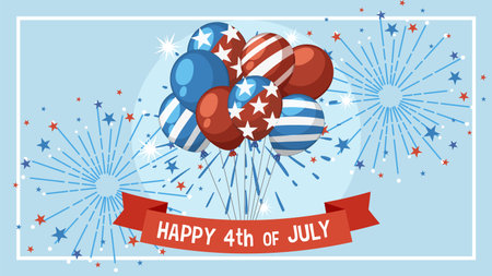 Patriotic balloons with stars and stripes against a backdrop of fireworks. Vibrant red, white, and blue colors dominateのイラスト素材