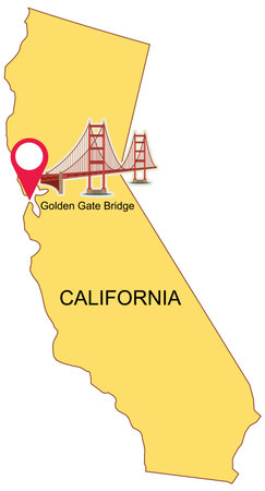 Vector illustration of California with a pinpoint on the Golden Gate Bridge. Simple design with bold colorsのイラスト素材