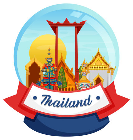 Vector illustration of iconic Thai landmarks within a snow globe. Vibrant colors and detailed design capture cultural essenceのイラスト素材