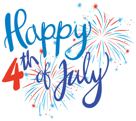Colorful vector illustration of fireworks with 'Happy 4th of July' text in vibrant red and blue huesのイラスト素材