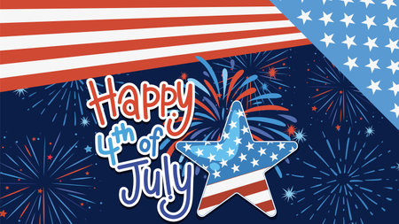 Vibrant vector illustration with fireworks, stars, and stripes in red, white, and blue. Perfect for Independence Day themesのイラスト素材