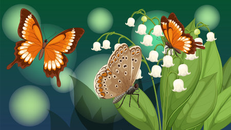 Vibrant butterflies flutter around delicate lily of the valley flowers. Rich colors and detailed vector style enhance the natural sceneのイラスト素材