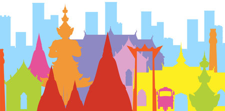 Vibrant vector illustration of a Thai cityscape with colorful silhouettes of temples and buildings against a skylineのイラスト素材