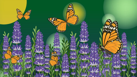 Vibrant vector illustration of monarch butterflies fluttering over lush lavender flowers with a soft green backgroundのイラスト素材