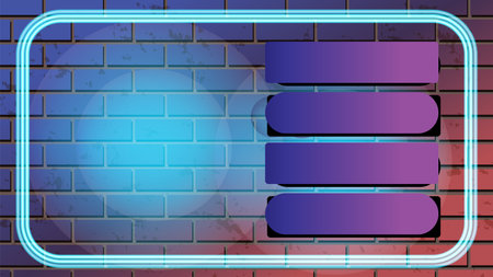 Vector illustration of a neon-lit game show theme with a gradient brick wall background and glowing elementsのイラスト素材