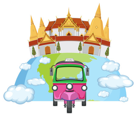 Vibrant vector illustration of a tuk-tuk and Thai temple on a globe. Bright colors and whimsical style enhance cultural elementsのイラスト素材