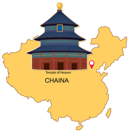 Vector illustration of the Temple of Heaven placed on a simplified map of China, highlighting cultural significanceのイラスト素材