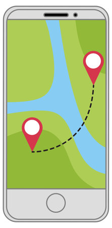 Vector illustration of a smartphone displaying a map with location pins and a route. Simple design with green and blue tonesのイラスト素材