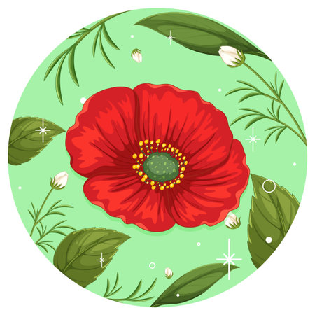 Circular vector illustration of a red flower surrounded by green leaves on a light green background, featuring a whimsical styleのイラスト素材