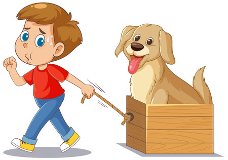 A playful vector illustration of a boy pulling a happy dog in a wooden cart. Bright colors and cartoon style enhance the fun themeのイラスト素材