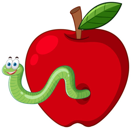 Vector illustration of a smiling worm emerging from a bright red apple with a green leafのイラスト素材