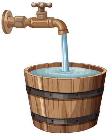 Vector illustration of a wooden bucket being filled with water from a tap, showcasing detailed textures and realistic colorsのイラスト素材