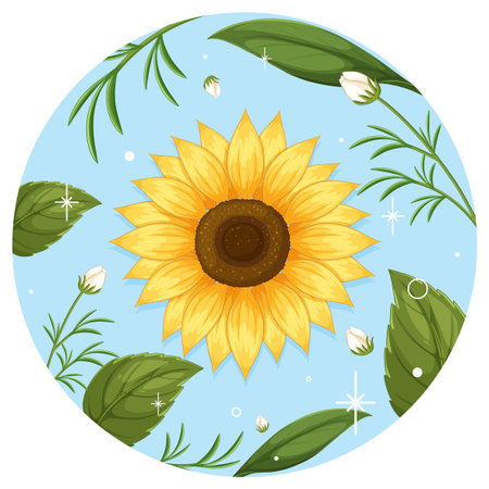 Bright sunflower illustration with green leaves and buds on a light blue background. Circular composition with a fresh, lively feelのイラスト素材