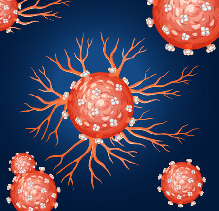 Detailed vector illustration of cancer cells with vibrant colors and intricate branching structures on a dark backgroundのイラスト素材