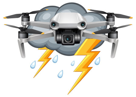 Vector illustration of a drone flying through storm clouds with lightning bolts and raindrops, showcasing dynamic weather elementsのイラスト素材