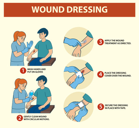 Illustration showing a five-step process for proper wound dressing with clear instructions and visualsのイラスト素材