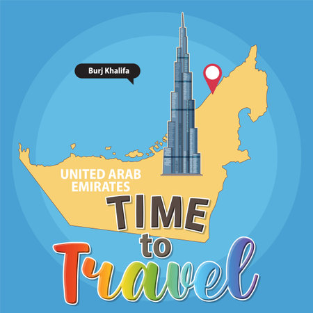 Colorful vector map of UAE highlighting Burj Khalifa. Vibrant typography and modern design elements enhance travel themeのイラスト素材