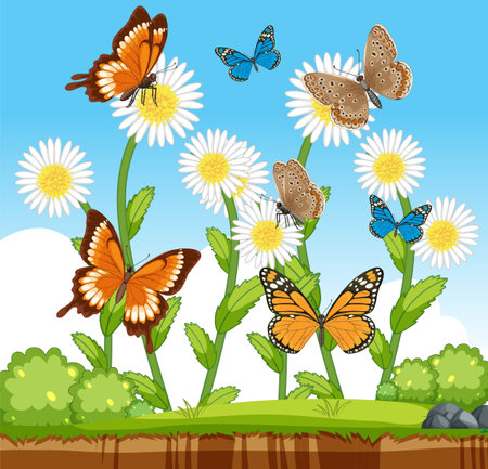 Vector illustration of butterflies fluttering among daisies in a bright, sunny garden. Features vivid colors and detailed compositionのイラスト素材