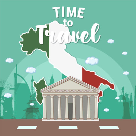 Vector illustration of Italian architecture with a map backdrop. Features vibrant colors and a travel themeのイラスト素材
