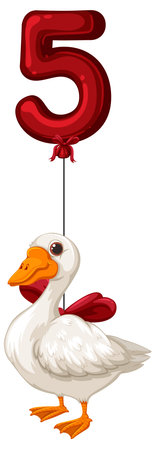 Vector illustration of a goose holding a red balloon shaped like the number five. Bright colors and playful compositionのイラスト素材