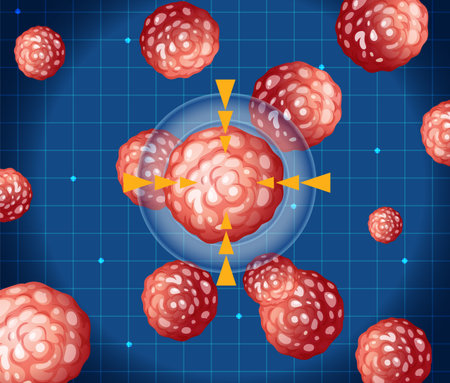 Vector illustration of cancer cells with a focus on one central cell, vibrant colors, and a grid backgroundのイラスト素材