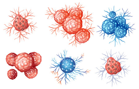 Detailed vector illustration of various biological cells in vibrant red and blue hues, showcasing intricate structures and branching patternsのイラスト素材