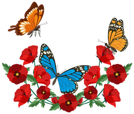 Vibrant butterflies fluttering above bright red poppies in a detailed vector style. Bold colors and intricate patterns enhance visual appealのイラスト素材