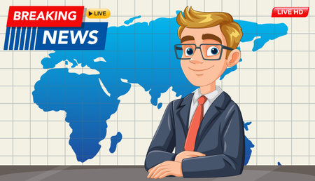 Vector illustration of a news anchor in a studio setting, featuring a world map background and vibrant colorsのイラスト素材