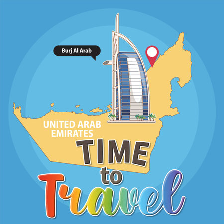 Colorful vector illustration of UAE map highlighting Burj Al Arab. Bold typography and vibrant colors enhance travel themeのイラスト素材