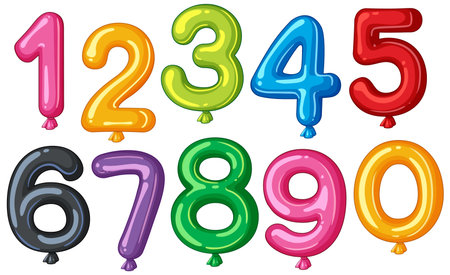 Vibrant vector illustration of balloon numbers 0-9 in various colors. Glossy finish with playful, rounded shapesのイラスト素材