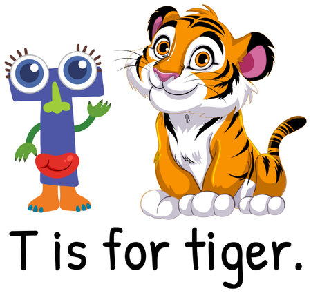 Playful vector illustration of letter T and a cartoon tiger. Bright colors and whimsical style enhance educational appealのイラスト素材