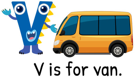 Colorful vector illustration of letter V with a friendly cartoon van. Bright, engaging design perfect for educational materialsのイラスト素材