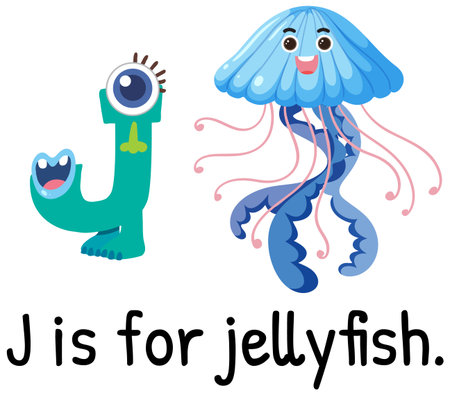Colorful vector illustration of letter J and a smiling jellyfish. Fun, educational design with vibrant colors and playful styleのイラスト素材