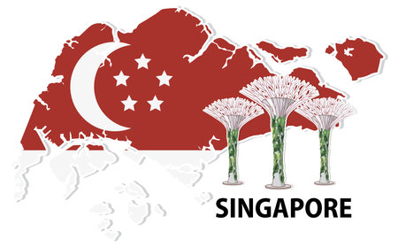 Vector illustration of Singapore map with Supertree Grove. Red and white color scheme, clean lines, modern styleのイラスト素材