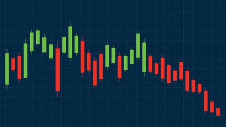 Vector illustration of a candlestick chart with vibrant red and green bars on a dark grid backgroundのイラスト素材