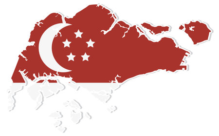 Vector illustration of Singapore map incorporating flag design. Red and white colors with crescent and starsのイラスト素材