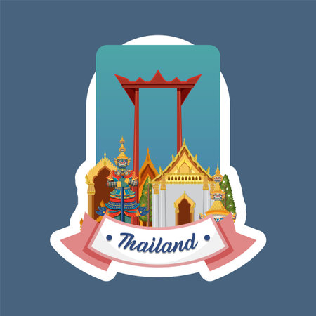 Colorful vector illustration of iconic Thai landmarks with vibrant colors and detailed architectural elements on a sticker designのイラスト素材