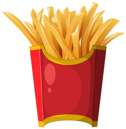 Bright, colorful vector illustration of golden fries in a red container. Clean lines and vibrant colors enhance the appetizing appealのイラスト素材