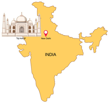 Vector map of India highlighting the Taj Mahal with a simple, clear design and warm colorsのイラスト素材