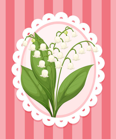 Elegant lily of the valley illustration with vibrant green leaves and delicate white flowers on a pink striped backgroundのイラスト素材