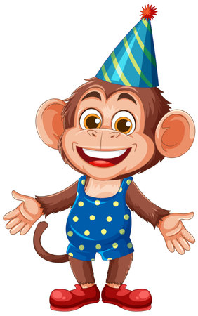 Vector illustration of a smiling monkey wearing a party hat and polka dot outfit, vibrant colors and playful styleのイラスト素材