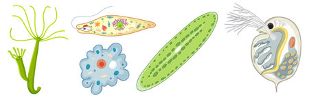 Detailed vector illustration showcasing diverse microorganisms with vibrant colors and intricate...