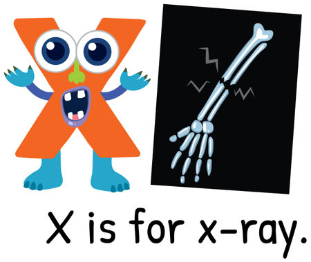 Colorful vector illustration of the letter X with a fun monster and an x-ray image. Bold, vibrant designのイラスト素材